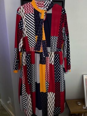 Patchwork Print Long Sleeve Midi Dress in Red, Navy & Mustard